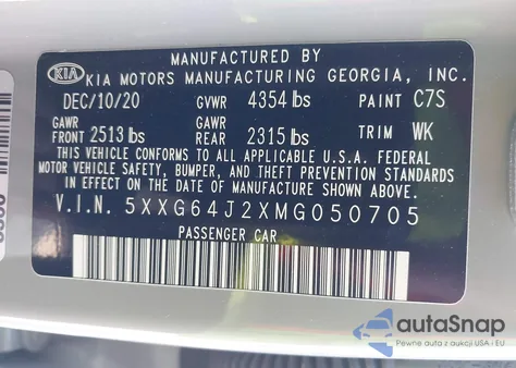 2021 Kia K5 Gt-Line z USA, uszkodzony, nr VIN 5XXG64J2XMG050705